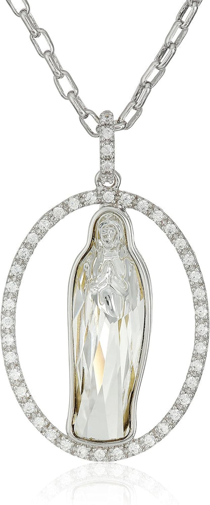 Crystal Blessed Virgin Mary Fine Silver or 18K Yellow Gold Plated Bronze Pendant Necklace, 18"