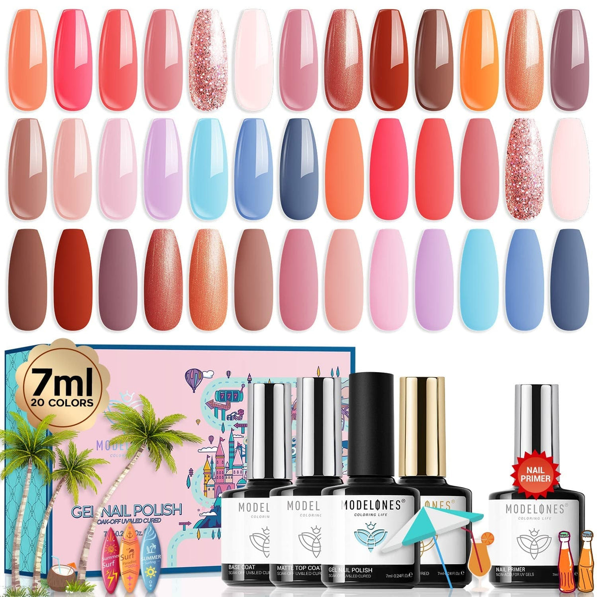 32Pcs Gel Nail Polish Set, 28 Colors 7ML Gel Polish Set with Glitter & Glossy & Matte Gel Top + Base Coat Pastel Macaron Colors, 2024 Spring Gel Polish Kit Trendy Nail Art for Women Girls