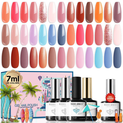 32Pcs Gel Nail Polish Set, 28 Colors 7ML Gel Polish Set with Glitter & Glossy & Matte Gel Top + Base Coat Pastel Macaron Colors, 2024 Spring Gel Polish Kit Trendy Nail Art for Women Girls