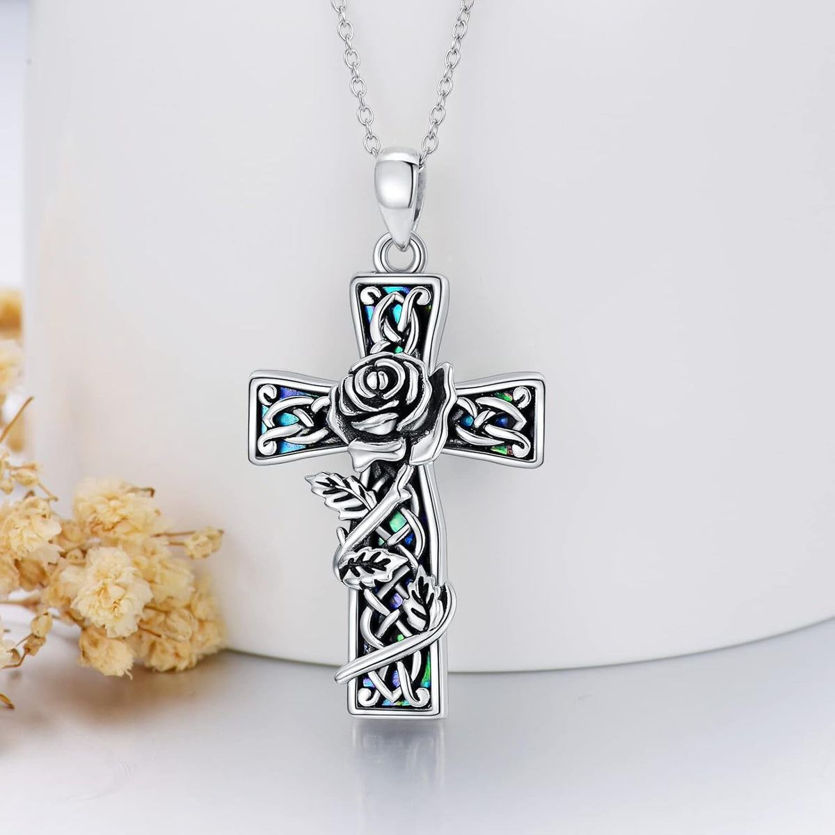 Cross Pendant Necklace with Abalone Shell, Silver Rose Flower Cross Necklace Gift for Women