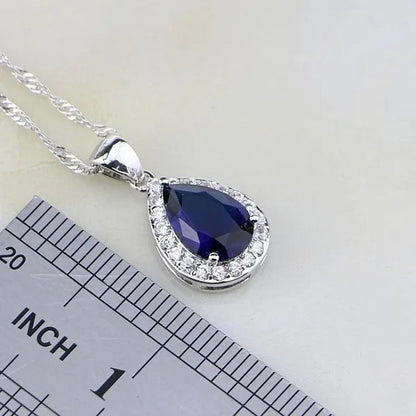 Trendy Water Drop Blue Sapphire White Topaz 925 Sterling Silver Jewelry Sets Women Wedding Earrings/Pendant/Necklace/Bracelet