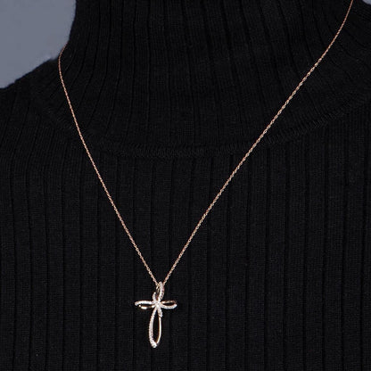 Cross Necklace Pendant with Natural White round Diamonds in 10K Rose, White or Yellow Gold, 18 Inch Rope Chain