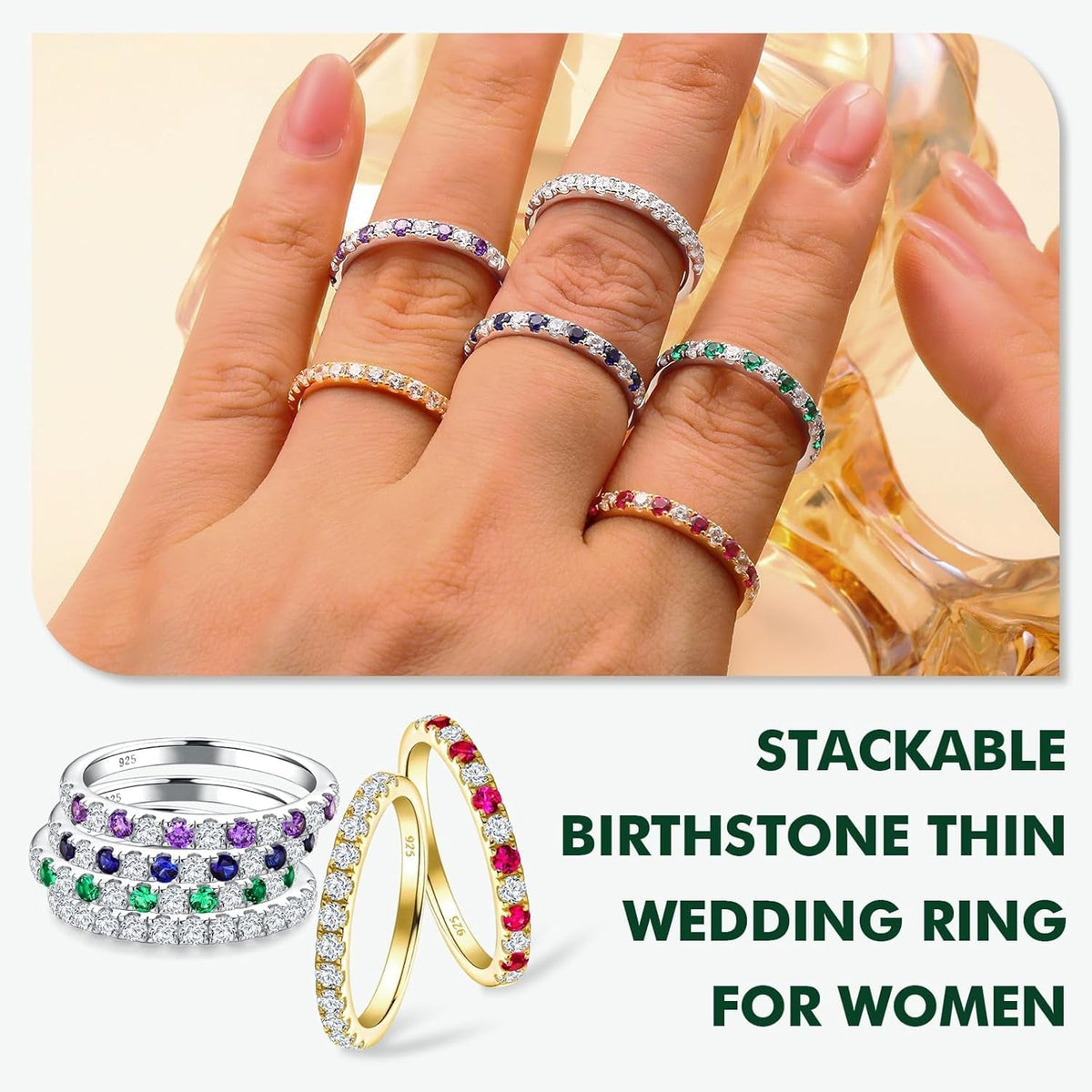 Birthstone Rings Eternity Band 925 Sterling Silver/Yellow Gold Created Gemstone Stackable Wedding Band Half Eternity Rings for Women Size 6 to 10