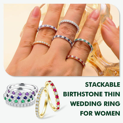 Birthstone Rings Eternity Band 925 Sterling Silver/Yellow Gold Created Gemstone Stackable Wedding Band Half Eternity Rings for Women Size 6 to 10