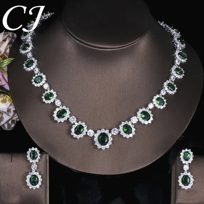 CANDICE European Style White Gold Plated Noble Green Lady Luxury Wedding Necklace Earrings Bridal Jewelry Set With AAA CZ Stone