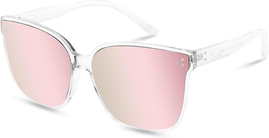 Sunglasses Womens, Oversized Pink Sunglasses for Women with Trendy Mirrored Lens UV400 Blocking