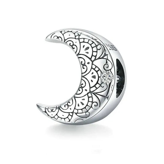 Genuine 925 Sterling Silver Vine & Moon Beads Charm Fit Charm Bracelets DIY