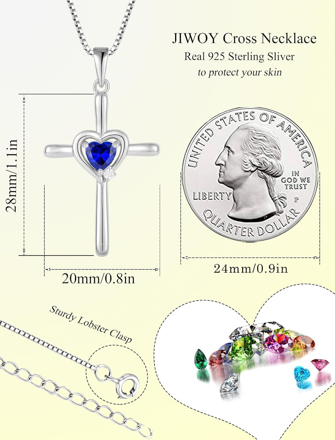 Cross Necklace 925 Sterling Silver Religious Pendant Crucifix Heart Birthstone Jewelry