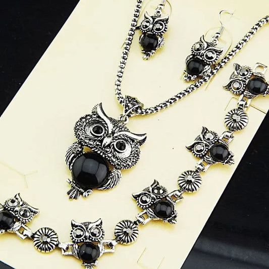 2015 New Charms Owl Natural Black Stone Antique Silver P Earrings Necklace Bracelet Vintage Womens Jewelry Set 1093