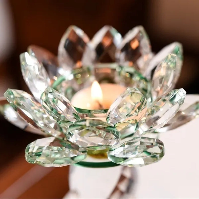Crystal Glass Lotus  Candle Tea Light Holder Buddhist Candlestick Home Decoration