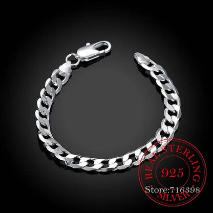 Men's Fine Jewelry 8 Inch 20cm Bracelet 925 Sterling Silver Fashion Charm 8MM Sideways Flat Chain Bracelets Bangle For Women Men