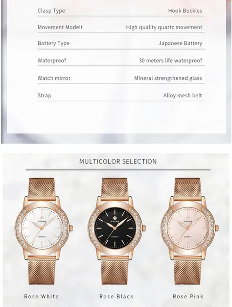 WWOOR Luxury Crystal Ladies Bracelet Watches Top Brand Fashion Women Quartz Watch For Women Rose Gold Mesh Band Wrist Watch Montre Femme