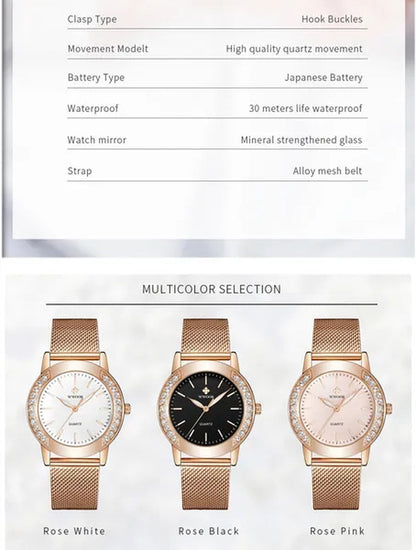 WWOOR Luxury Crystal Ladies Bracelet Watches Top Brand Fashion Women Quartz Watch For Women Rose Gold Mesh Band Wrist Watch Montre Femme