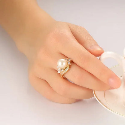 Gold Womens Girls Band Ring for Wedding Promise Engagement Copper Cubic Zirconia Freshwater Cultured Pearl Ring Size 5-12