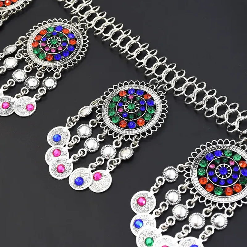 Bohemian Coin Tassel Color Rhinestones Hollow Out Waist Belly Body Chain for Woman