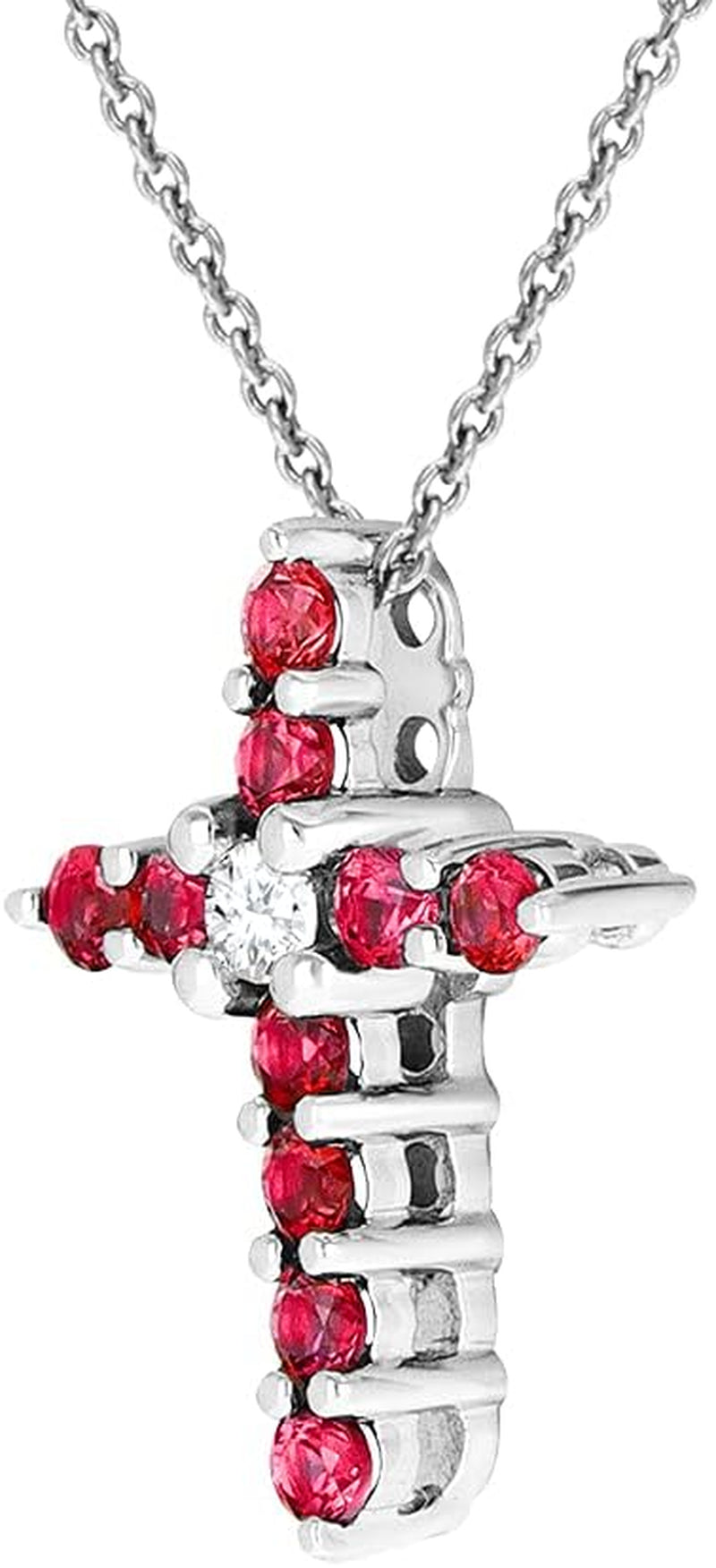 Lab Created Ruby Pendant Necklace Cross in Sterling Silver - 18 Inch Chain