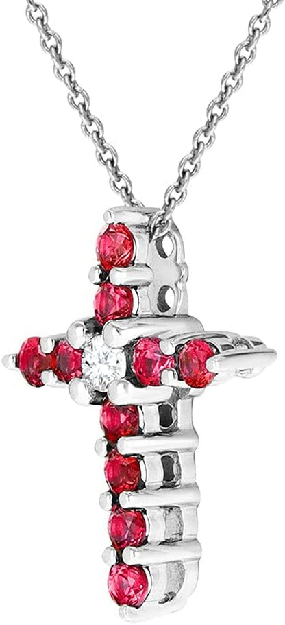 Lab Created Ruby Pendant Necklace Cross in Sterling Silver - 18 Inch Chain