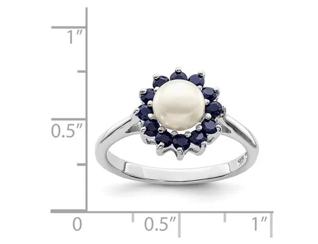 Freshwater Cultured Pearl Ring with Blue Sapphires in Sterling Silver