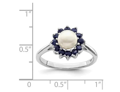 Freshwater Cultured Pearl Ring with Blue Sapphires in Sterling Silver