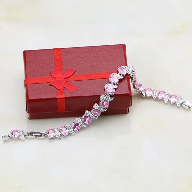 925 Sterling Silver Jewelry Pink Zircon Stones Chain & Link Charm Bracelet Christmas Gifts For Women