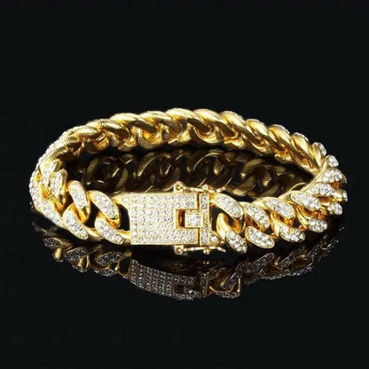 Fashion Gold / Silver Plated Solid Stainless Steel Iced Out Diamond Bracelet Thick Miami Cuban Link Chain Necklace Hip Hop Jewelry