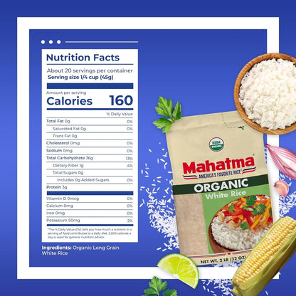Organic White Rice, 2Lb Bag of Rice, Stovetop or Microwave Rice in 20 Minutes