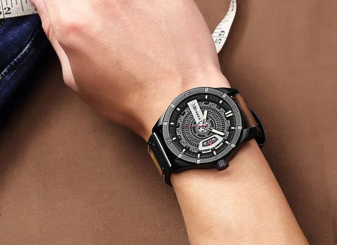 CURREN Men Watch Army Military Sports Watches Black Case Leather Strap Waterproof Date Function