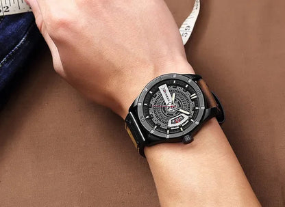 CURREN Men Watch Army Military Sports Watches Black Case Leather Strap Waterproof Date Function