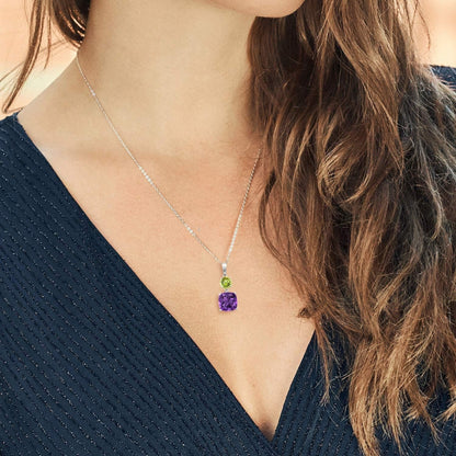 925 Sterling Silver Purple Amethyst and Green Peridot Pendant Necklace for Women (4.00 Cttw, Gemstone February Birthstone, Cushion 10MM, round 6MM)