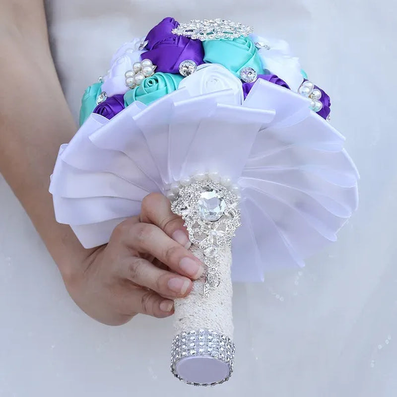 20CM Mixed Color Silk Ribbon Rose Wedding Flower Bouquet Luxury Pearl Crystal Brooch Bridal Bouquet Handmade Creative Bridesmaid Holding Flowers