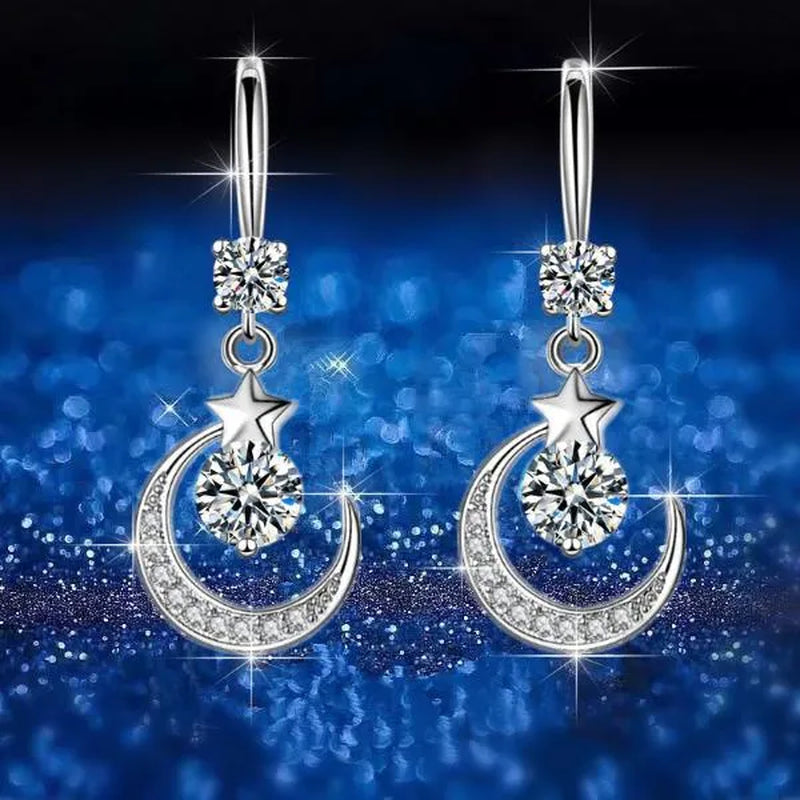 Female Fashion Star Moon Earrings Silver Plated Pink Blue White Cubic Zirconia Dangle Earrings Bride Wedding Engagement Anniversary Valentine's Day Gift Jewelry