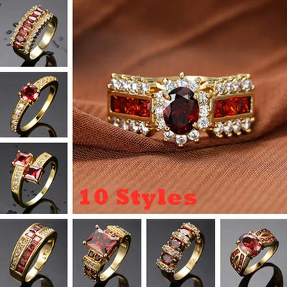 Exquisite Retro 18K Gold Natural Garnet Red Ruby Gemstone Ring Anniversary Gift Romantic Bride Engagement Wedding Party Bands Fine Jewelry