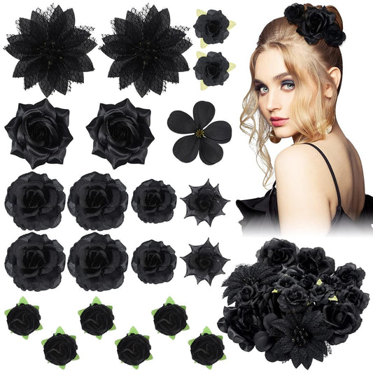 21 Pcs Flower Hair Clip Rose Hair Clips Barrettes for Women Flower Accessories Boho Bride Claw Clip Hairpin Brooch Pin Headpiece for Wedding(Black)