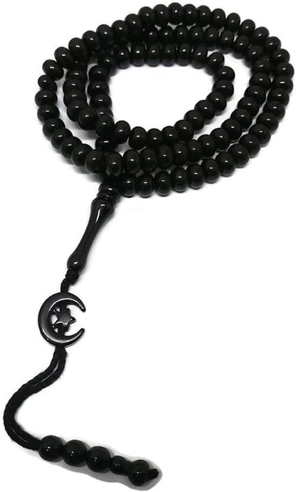 Islam Prayer Tasbih 99 Beads AMN-303 Muslim 8 Mm. Rosary Bead Moon Star Decorated Tassels Haj Eid Ramadan Gift (Black)
