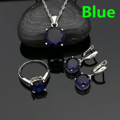 White Topaz 925 Sterling Silver Jewelry Ring Pendant Chain Earrings Set Classic Wedding Jewelry for Women Bride 3pcs