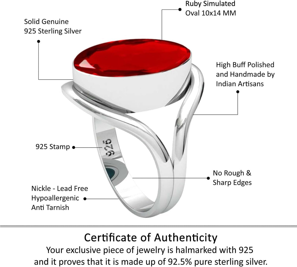 925 Sterling Silver Handmade Ring for Women 10X14 Oval Gemstone Statement Jewelry for Gift (99021_R)