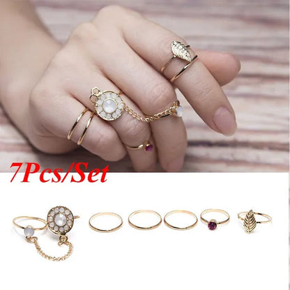 7Pcs Fashion Elegant Retro Inlaid Ruby Chain Ring Set(Color: Gold)