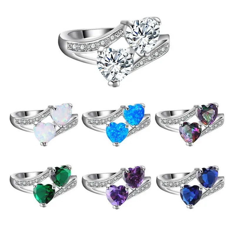 Birthstone rings...romantic double heart cut gemstone blue white opal rainbow topaz crystal ring white gold jewelry