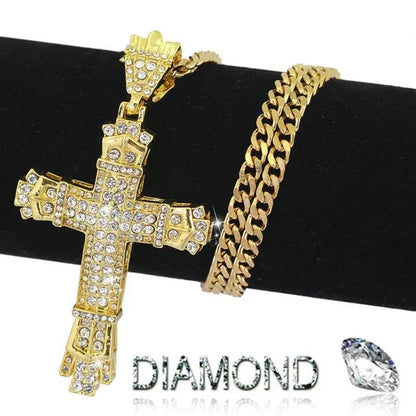 Diamond Miami Cuban Link 24K Gold / 925 Silver Plated Cross Pendant Stainless Steel Hip Hop Necklace