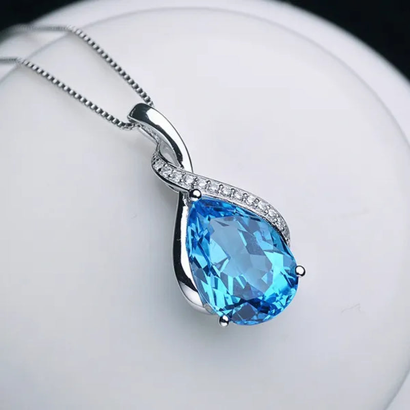 Natural Drop Shape Blue Topaz Pendant 925 Sterling Silver Necklace Female Jewelry Simple Clavicle Chain Girlfriend Birthday Gift