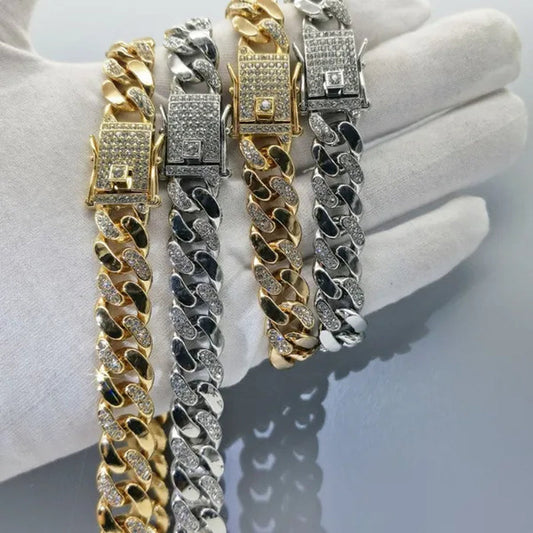 High Quality 12mm Hip Hop Hipster Cuban Chain Diamond Bracelet Men's Jewelry