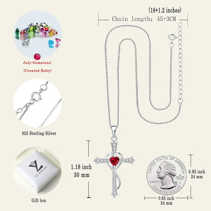 Heart Cross Necklace 925 Sterling Silver Birthstone Twisted Pendant Jewelry for Women