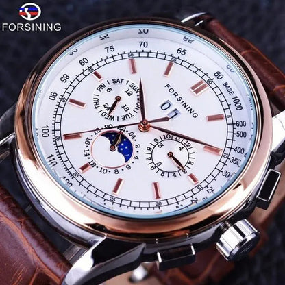 Forsining Moon Phase Shanghai Movement Rose Gold Case Brown Bracelet en cuir véritable Montres pour hommes Top Brand Luxury Auotmatic Watch
