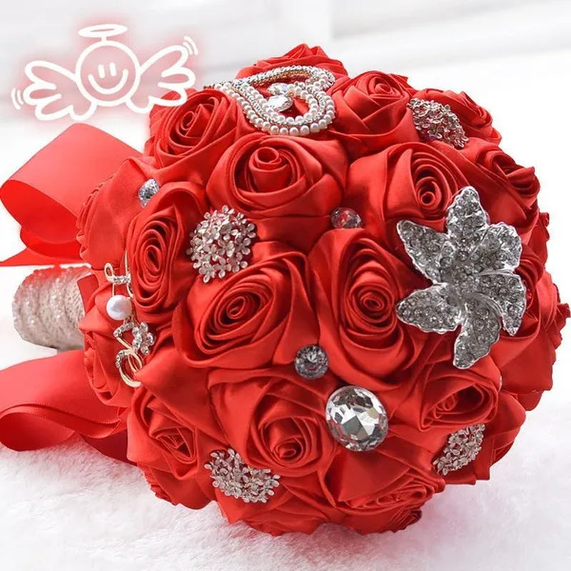 21CM Satin Ribbon Roses Wedding Bouquet Pearl Crystal Brooch Bride Holding Flowers Artificial Rose Wedding Flower Bridesmaid Bouquet. Multi-color Optional