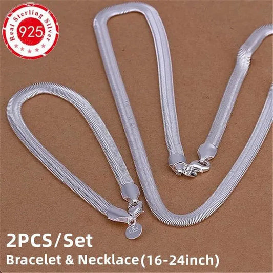 Women's Charm 925 Sterling Silver 6MM Fine Soft Flat Snake Chain Bracelets Elegant Necklace Bridal Wedding Jewelry Set