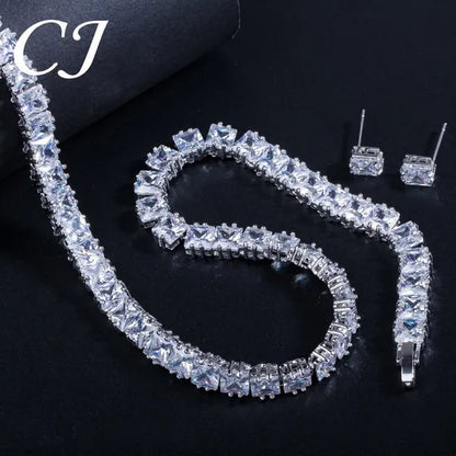CANDICE Platinum Plating Elegant Party Jewelry Set Pave Glittering Princess Cut Pure Zirconia Choker Necklace Earrings and Bracelet for Women Wedding Gift
