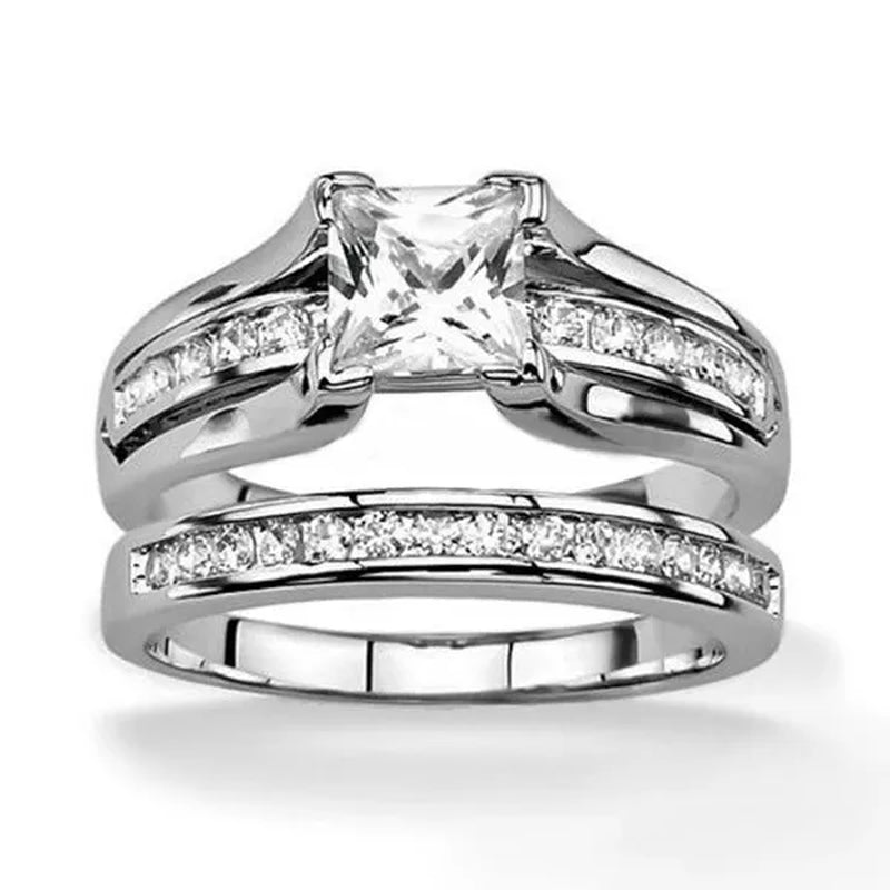 His and Hers Stainless Steel Princess Wedding Ring Set and Eternity Wedding Band