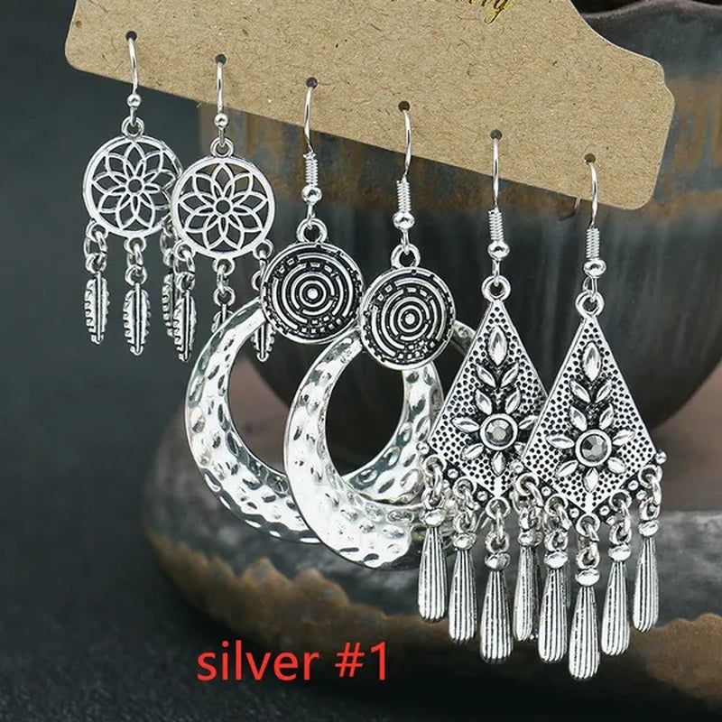 3 Pairs Women's Fashion Jewelry Vintage Bohemian Ethnic Carved 925 Sterling Silver Dangle Earrings for Women Charm Geometry Leaves Hoop Earring Wedding Engagement Party Banquet Earrings