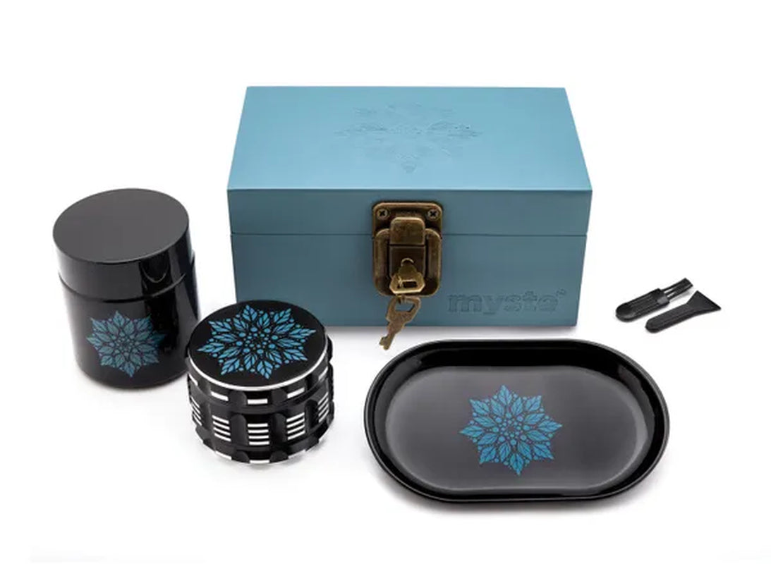 MYSTE BLUE MANDALA Stash Box Smell Proof Set, Grinder Large 2.5'' (63mm), Premium Combo Stashbox Kit, Wooden With Accessories