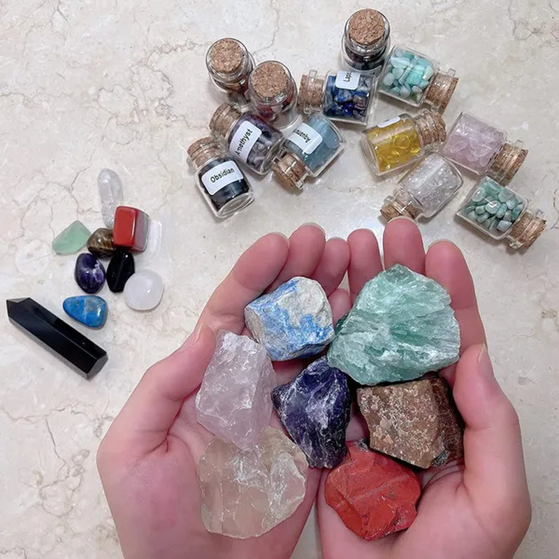 29 Crystals and Healing Stones Gemstone Bottles Chip,Raw Chakra Stones,Black Obsidian Wands,Witchcraft Supplies Healing Crystals Set,Chakra Healing Witchy Room décor Meditation Therapy Crystals